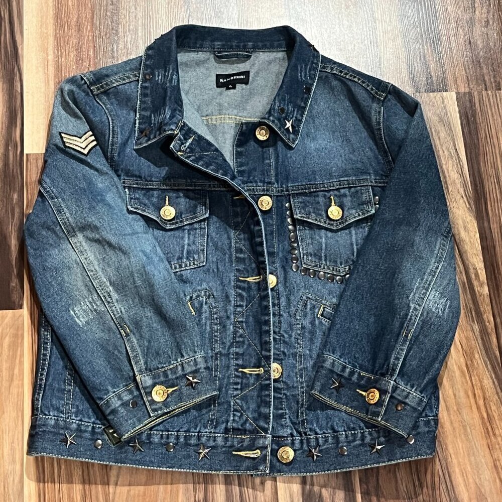 Ranbeeri Embellished Novelty Cropped 3/4 Sleeve Denim Jean Jacket